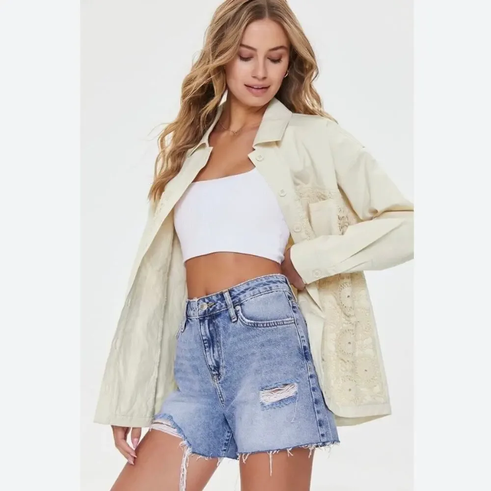 Forever 21 Cream Twill Crochet Lace Jacket / Shacket Size M Boho Chic Casual